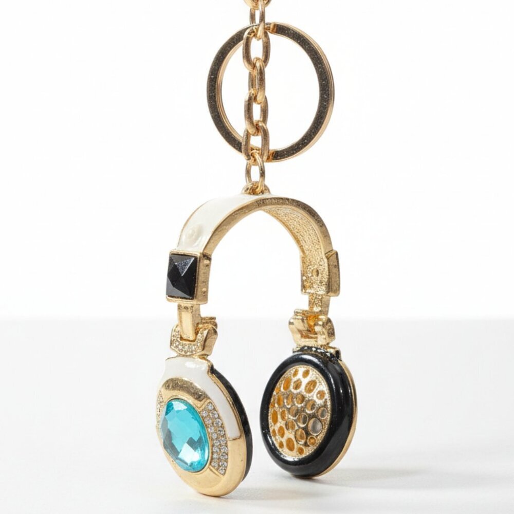 Gold-tone Headphones Purse Charm Keychain with Aqua, Black & Clear Gems - Picture 2 of 5
